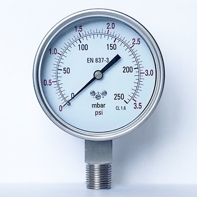 Capsule 100mm Pressure Gauge 250 Mbar SS 304 Bottom Mount Pressure Gauge