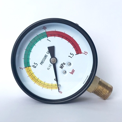 Brass Tube Socket Pressure Gauge Yellow Green Red Dial 80mm 15 Bar